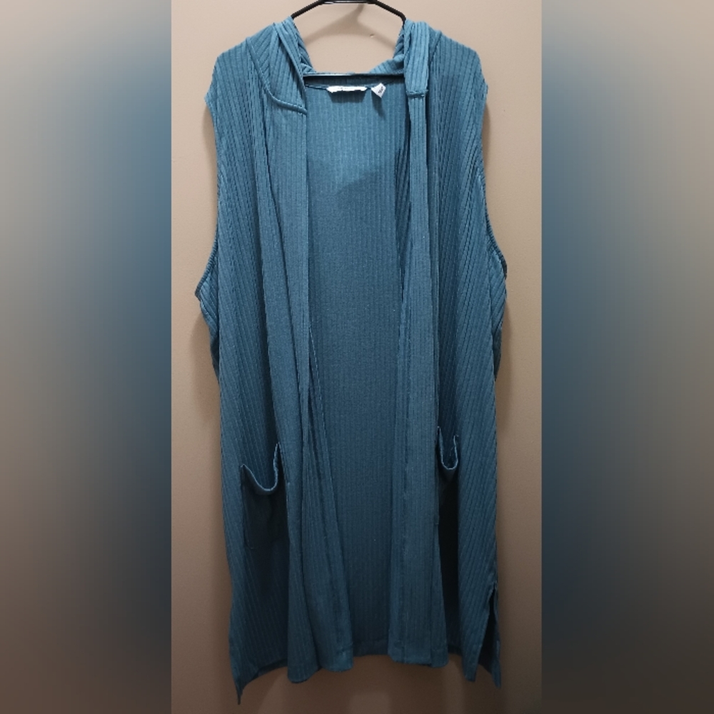 ISAAC MIZRAHI LIVE! LONG BLUE OPEN RIBBED HOODED DUSTER CARDIGAN EUC SZ 5X PLUS